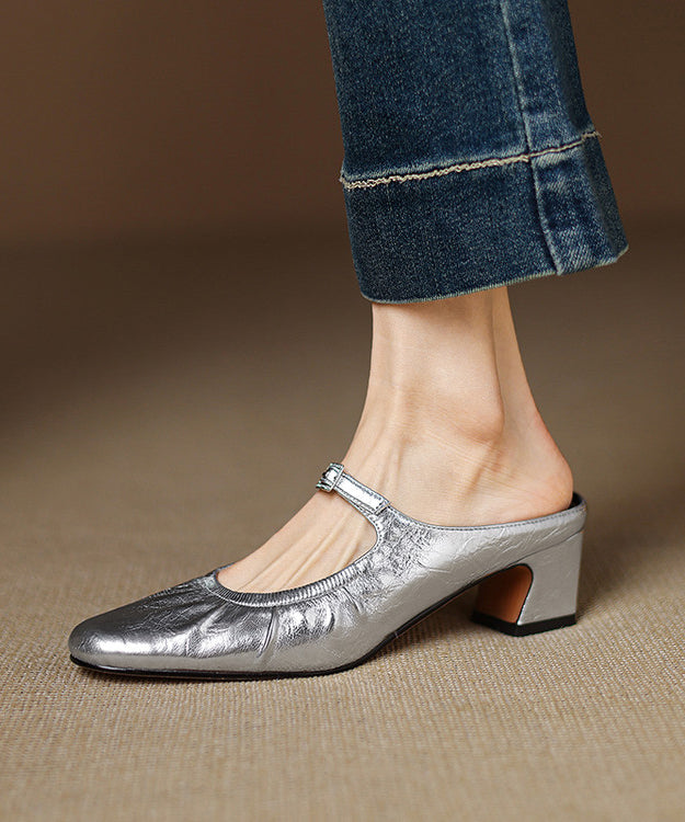 French Splicing Heel Beige Chunky Wrinkled Sheepskin