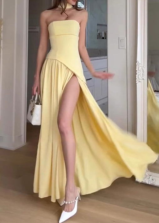 Summer French Yellow Side Strapless Patchwork Open Dress