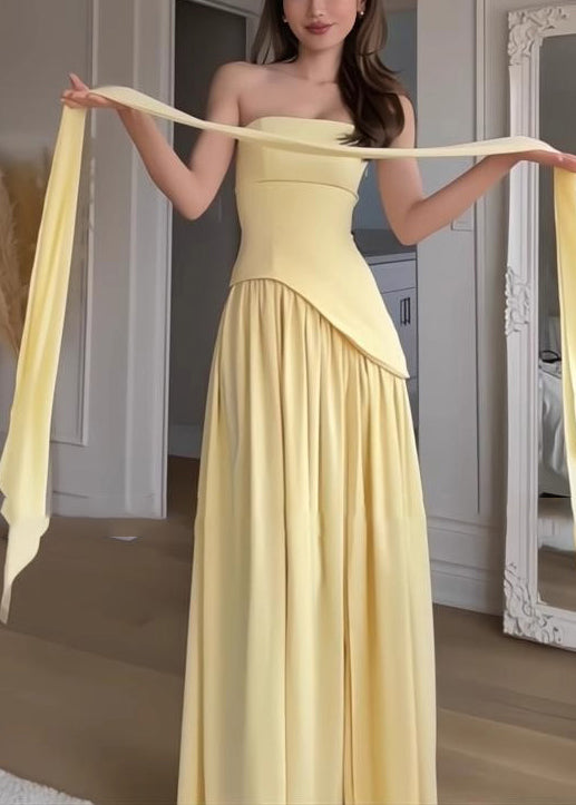 Summer French Yellow Side Strapless Patchwork Open Dress