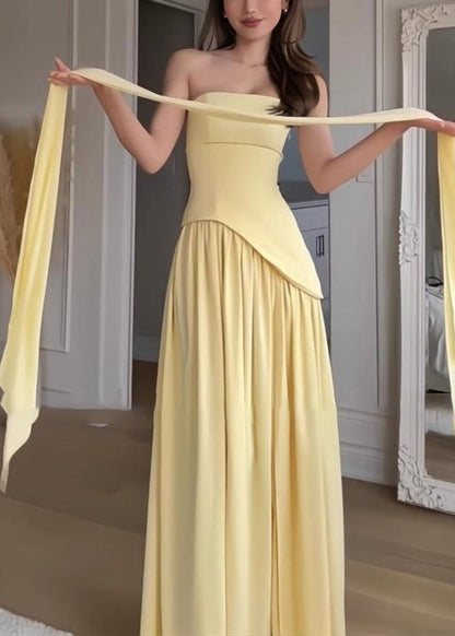Summer French Yellow Side Strapless Patchwork Open Dress