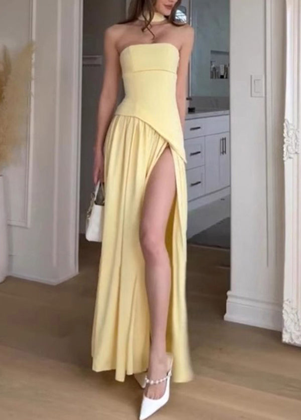 Summer French Yellow Side Strapless Patchwork Open Dress