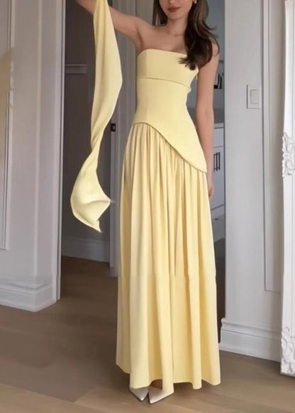 Summer French Yellow Side Strapless Patchwork Open Dress