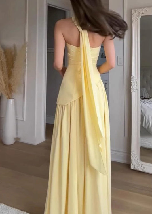 Summer French Yellow Side Strapless Patchwork Open Dress