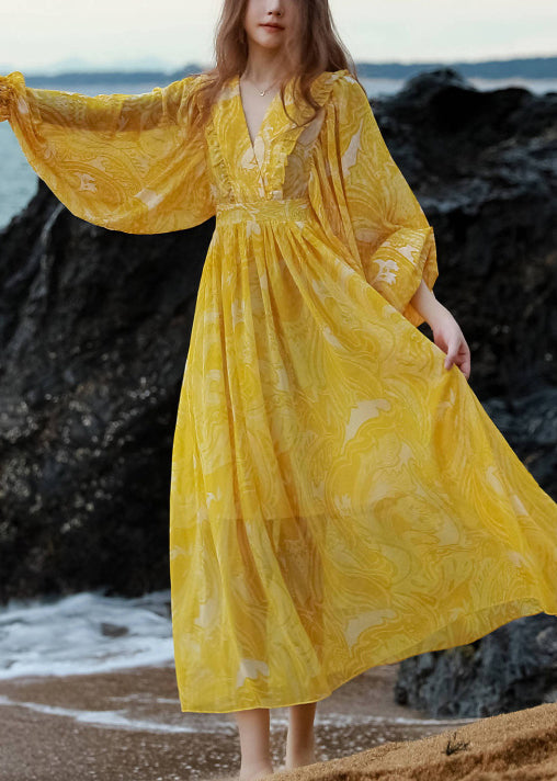 Waist Neck Maxi Print V French Chiffon Lantern Yellow Dresses Tie