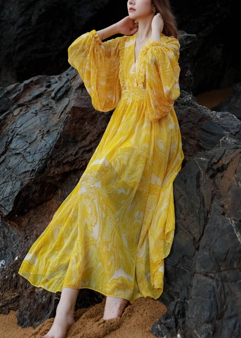 Waist Neck Maxi Print V French Chiffon Lantern Yellow Dresses Tie