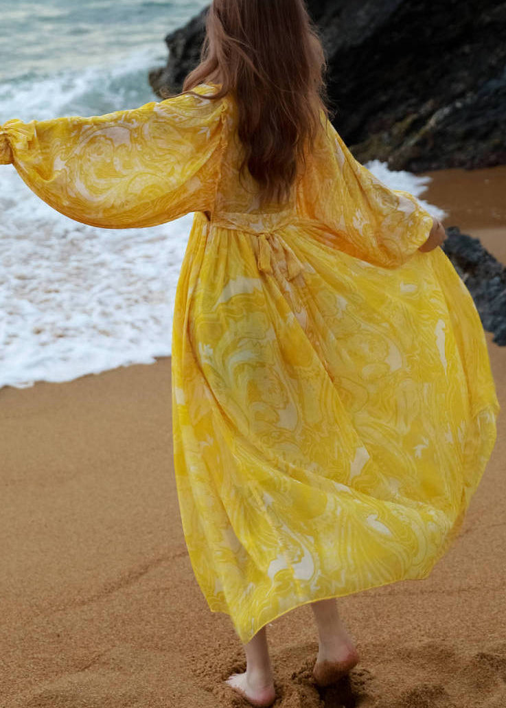 Waist Neck Maxi Print V French Chiffon Lantern Yellow Dresses Tie