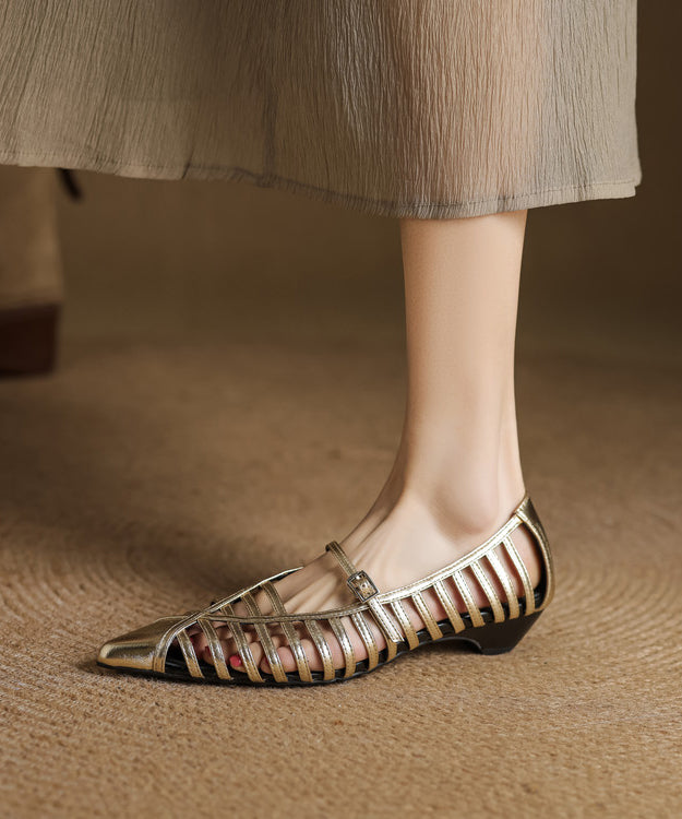 Splicing Cowhide Gold Sandals Toe Out Leather Hollow Pointed