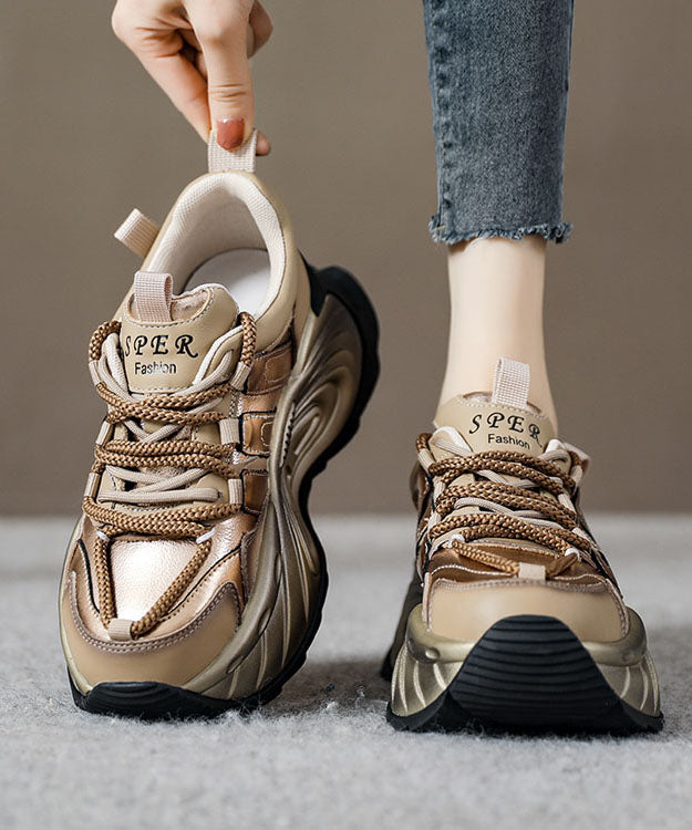 Gold Flat Shoes For Platform Genuine Leather 2024 Splicing Cross Strap DD1023