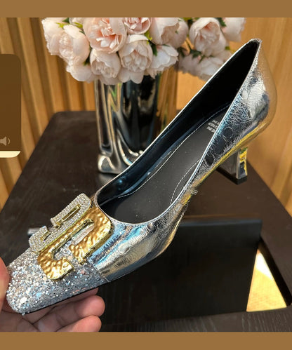 Chic Chunky Zircon Splicing Toe Heels Square High Gold