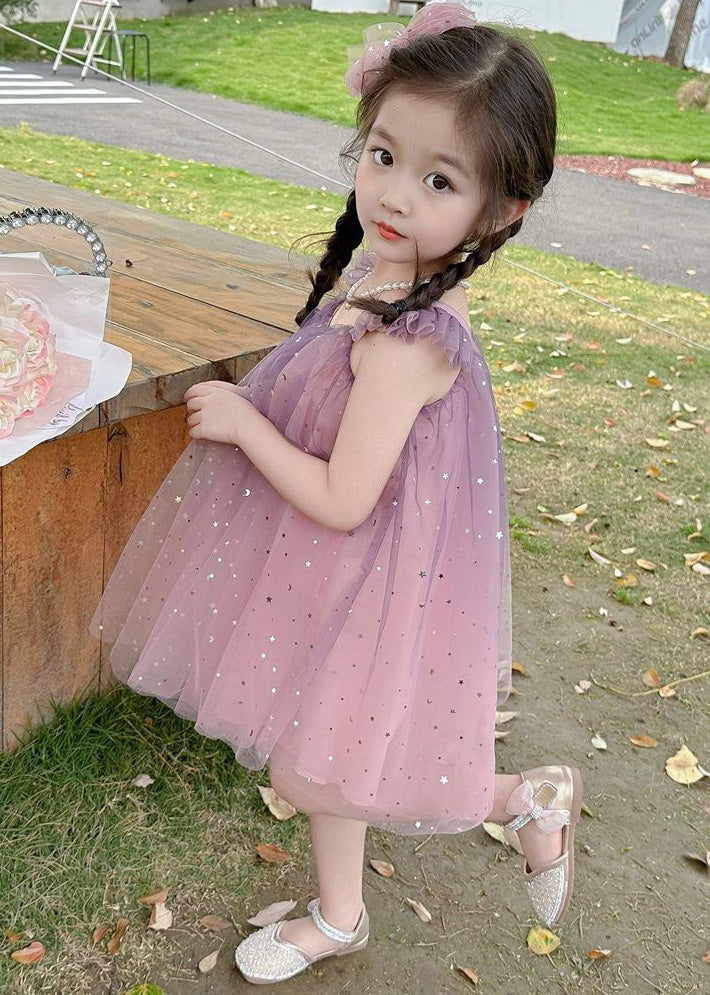 Gradient Color Pink O-Neck Sequins Tulle Girls Mid Dress Short Sleeve GF023