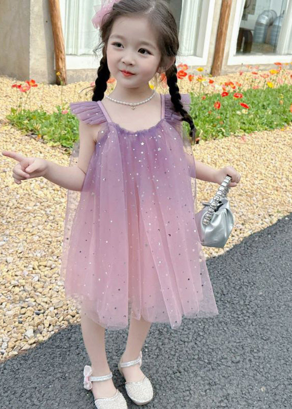 Gradient Color Pink O-Neck Sequins Tulle Girls Mid Dress Short Sleeve GF023