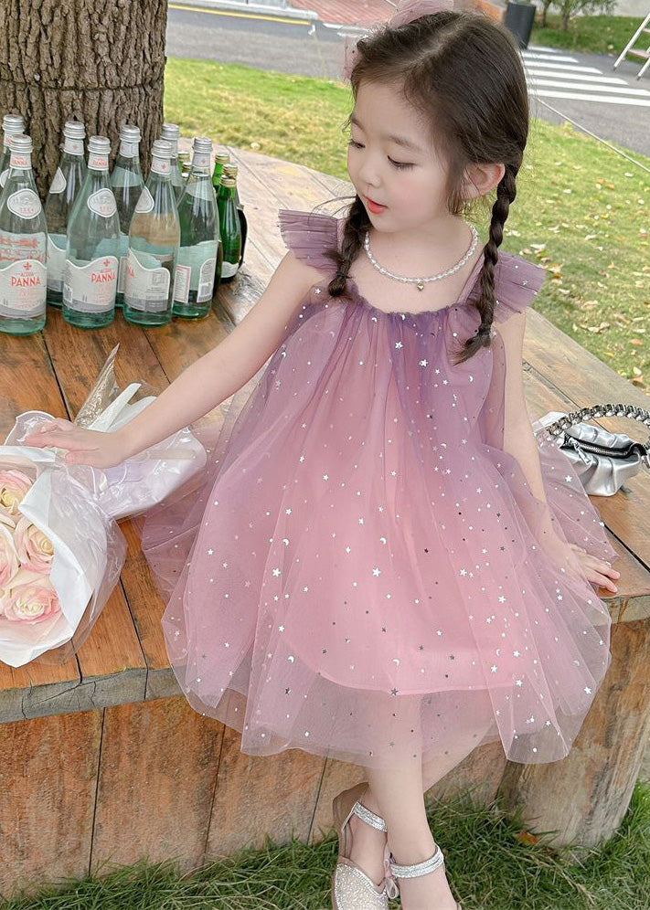 Gradient Color Pink O-Neck Sequins Tulle Girls Mid Dress Short Sleeve GF023