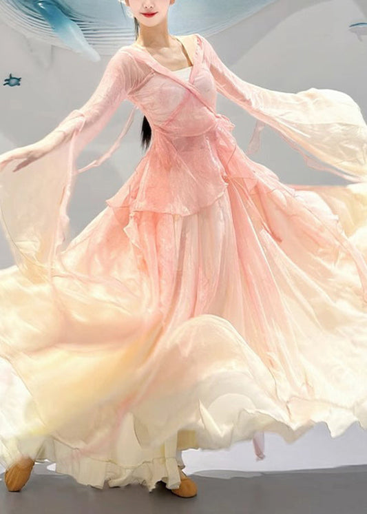 Pieces Two Color And Top Silk Maxi Pink Neck Skirts V Gradient