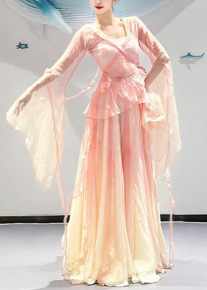 Pieces Two Color And Top Silk Maxi Pink Neck Skirts V Gradient