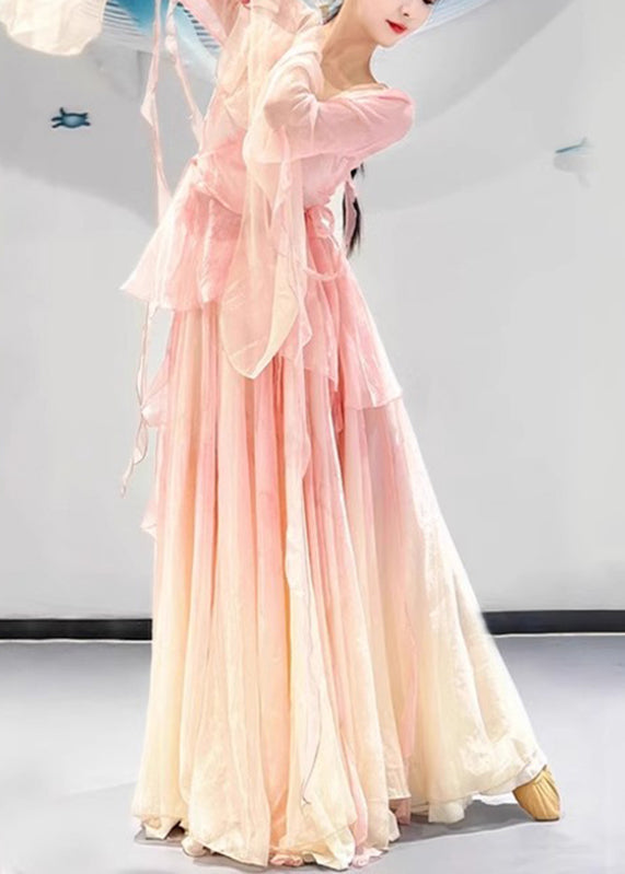 Pieces Two Color And Top Silk Maxi Pink Neck Skirts V Gradient