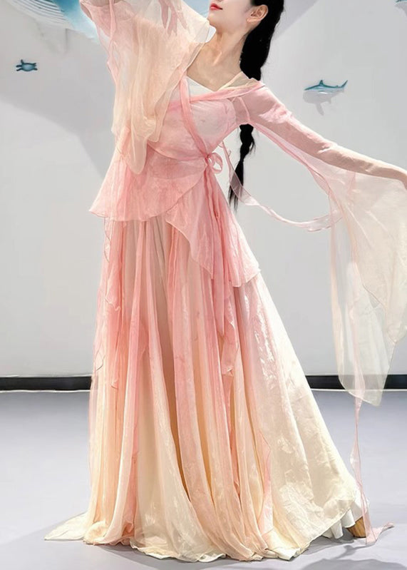 Pieces Two Color And Top Silk Maxi Pink Neck Skirts V Gradient