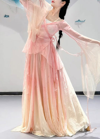 Pieces Two Color And Top Silk Maxi Pink Neck Skirts V Gradient