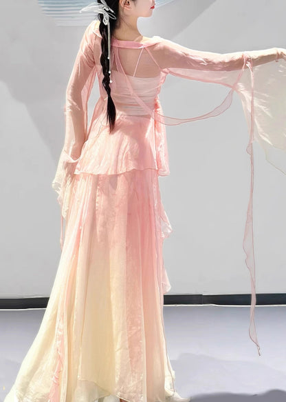 Pieces Two Color And Top Silk Maxi Pink Neck Skirts V Gradient