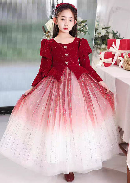 Red Color Patchwork Tulle Long Dress Wrinkled Gradient Girls