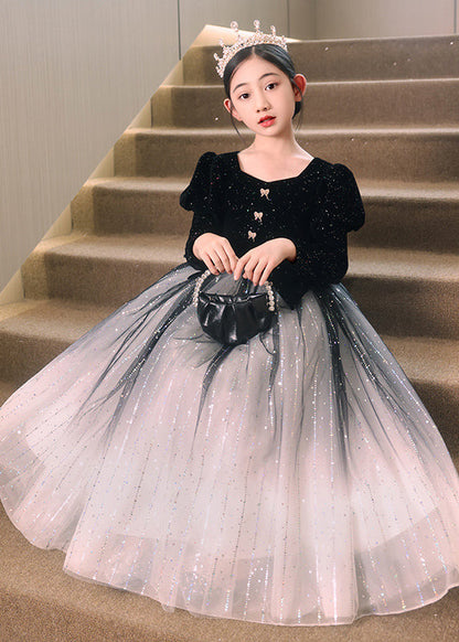 Red Color Patchwork Tulle Long Dress Wrinkled Gradient Girls