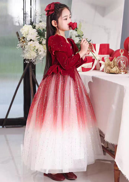 Red Color Patchwork Tulle Long Dress Wrinkled Gradient Girls