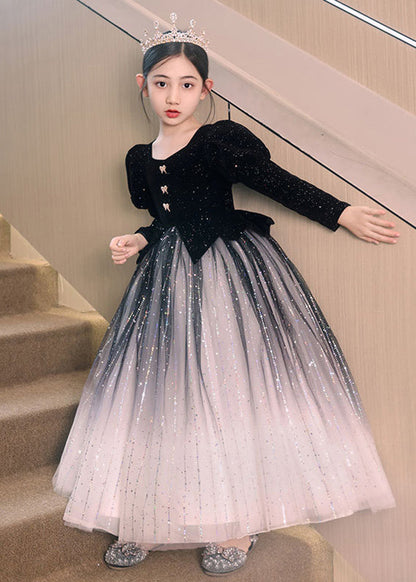 Red Color Patchwork Tulle Long Dress Wrinkled Gradient Girls