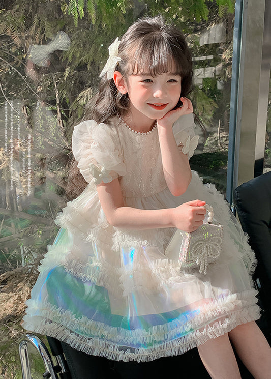 Gradient Color White Ruffled Patchwork Nail Bead Tulle Kids Long Dress Short Sleeve XZ044
