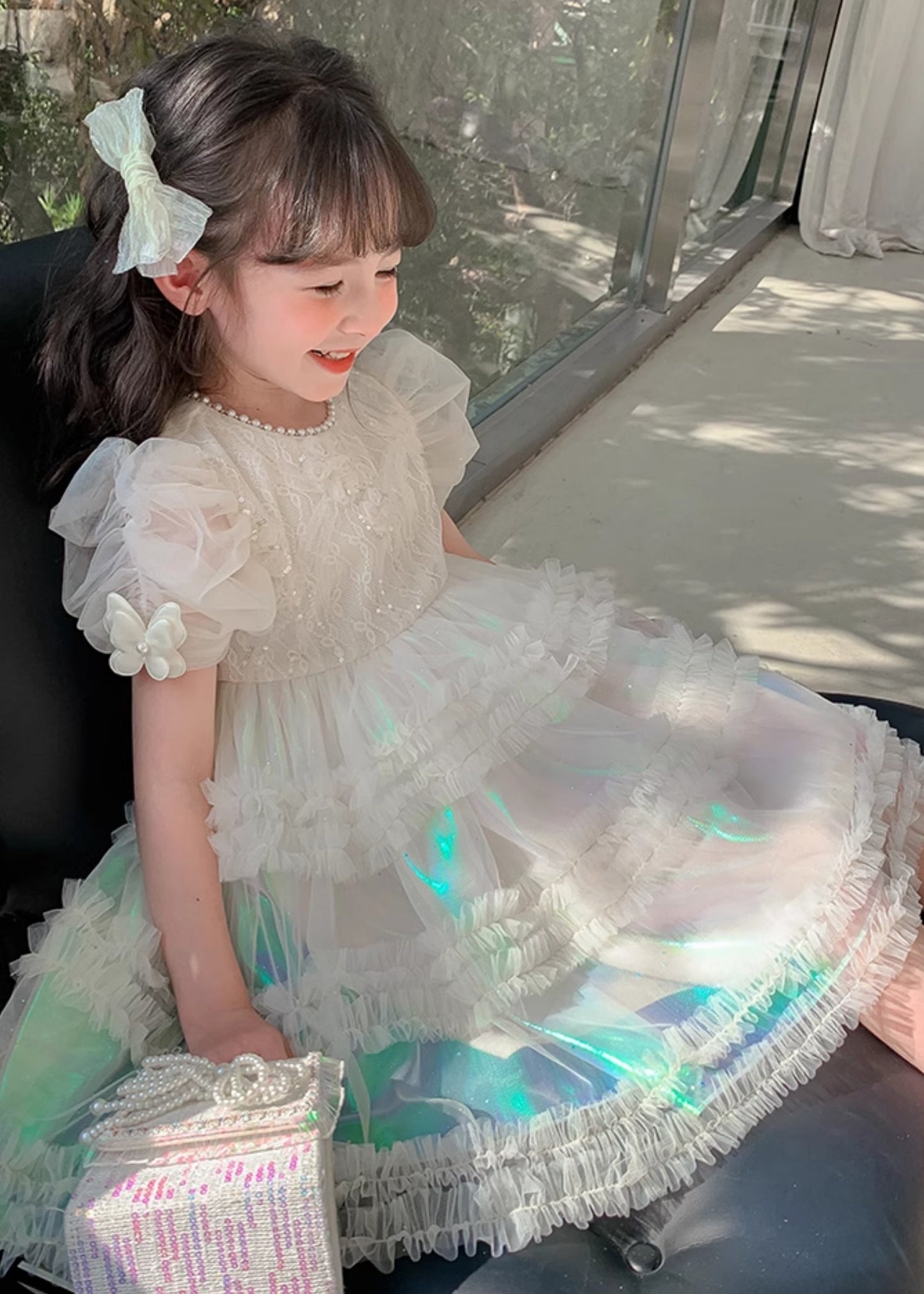 Gradient Color White Ruffled Patchwork Nail Bead Tulle Kids Long Dress Short Sleeve XZ044