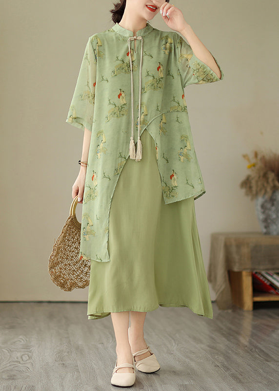 Tasseled Fake Asymmetrical Dresses Print Grass Two Piece Green