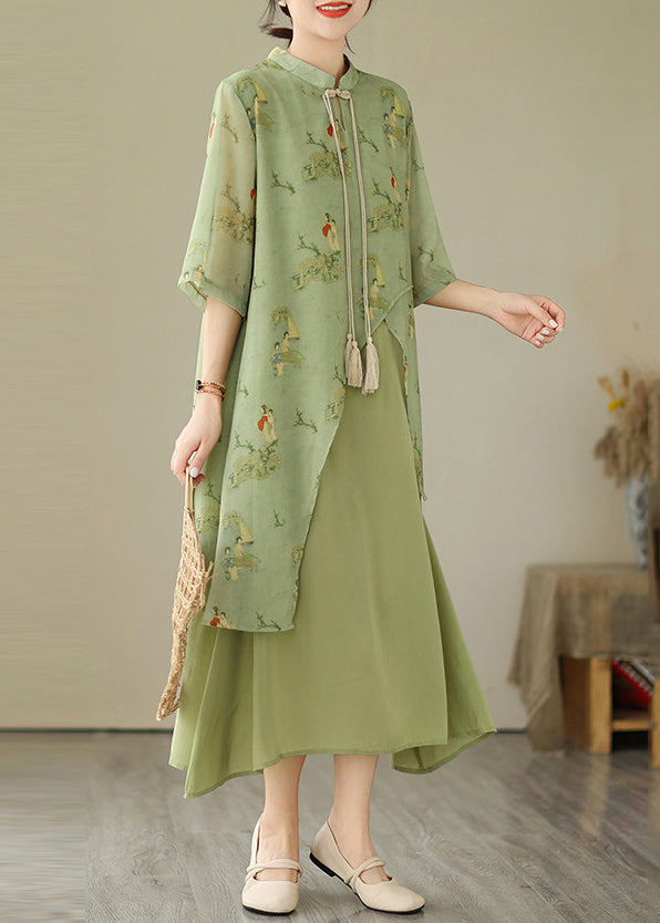 Tasseled Fake Asymmetrical Dresses Print Grass Two Piece Green