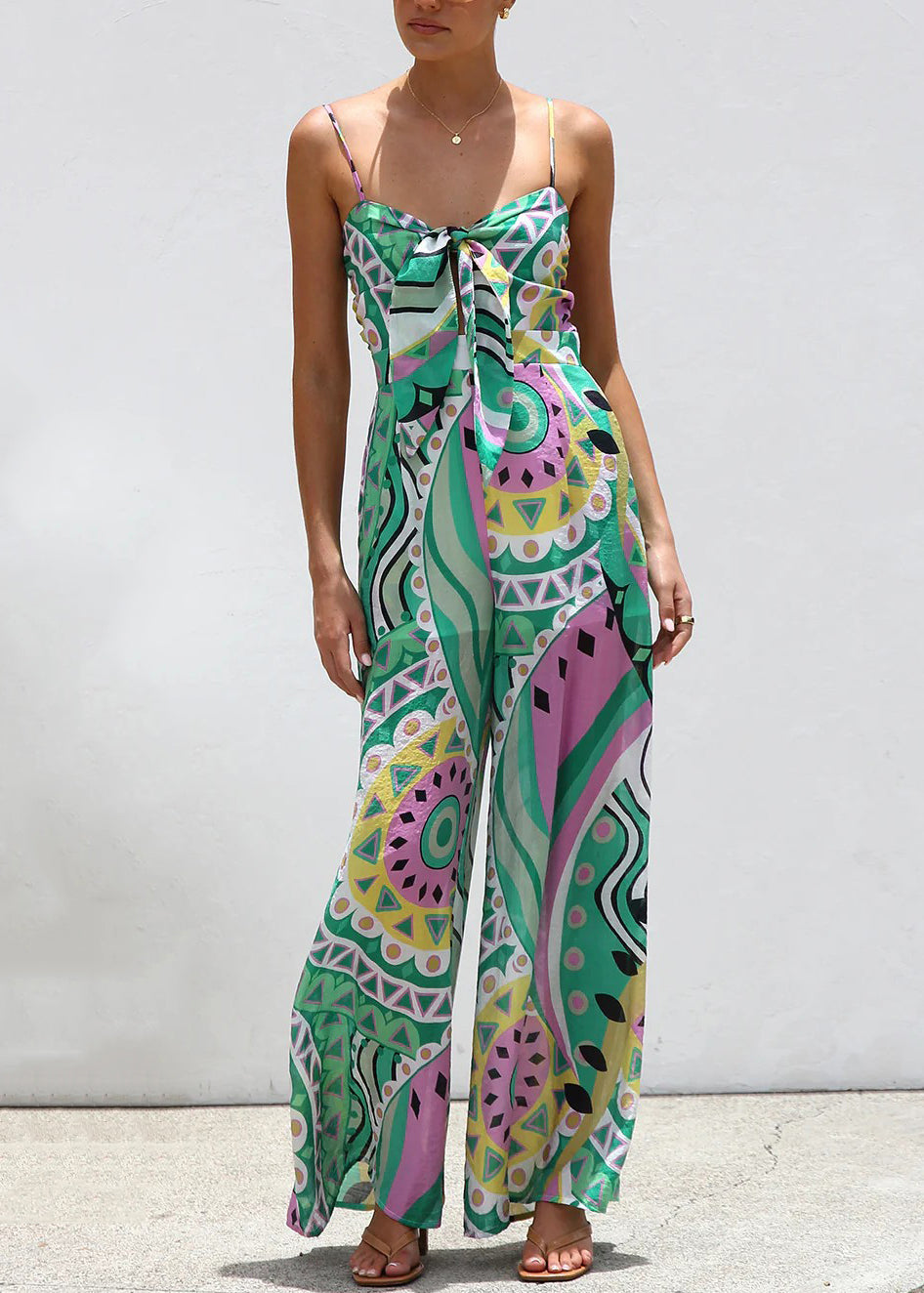 Summer Leg Wide Bow Jumpsuit Print Green