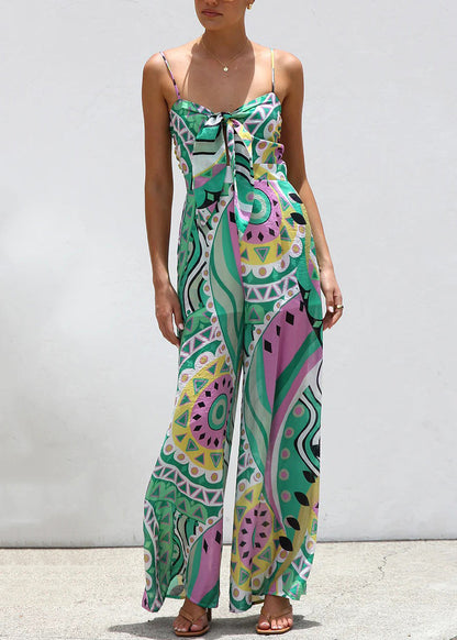 Summer Leg Wide Bow Jumpsuit Print Green