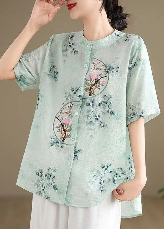 Green Cotton Top Embroidered Stand Collar Button Summer AP056