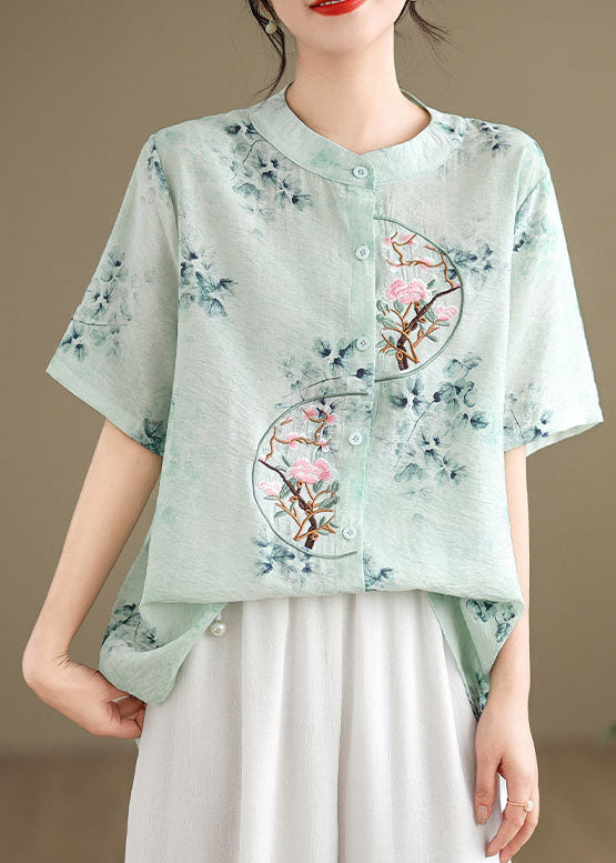 Green Cotton Top Embroidered Stand Collar Button Summer AP056