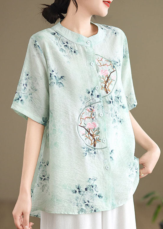 Green Cotton Top Embroidered Stand Collar Button Summer AP056