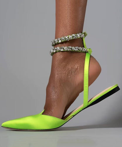 Style American Green Splicing Zircon Flat Toe Pointed Sandals