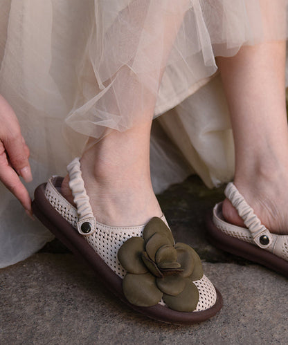 Hollow Green Leather Cowhide Flat Comfy Out Sandals Floral