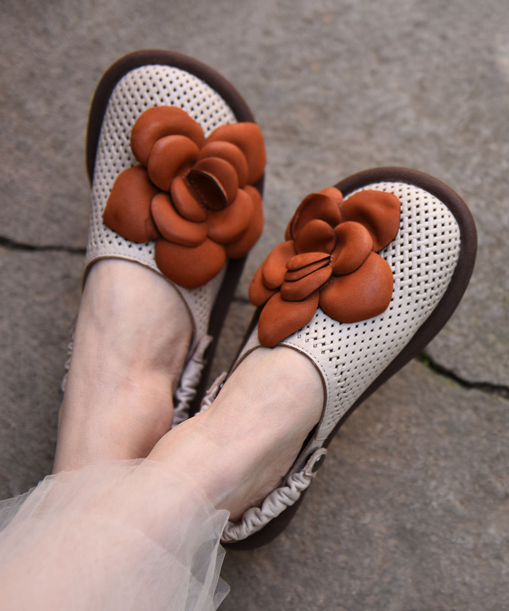 Hollow Green Leather Cowhide Flat Comfy Out Sandals Floral