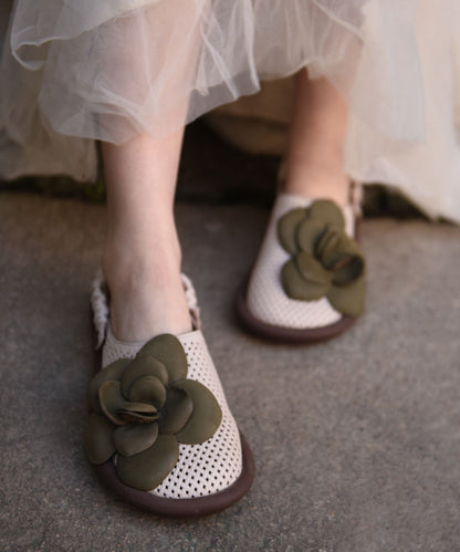 Hollow Green Leather Cowhide Flat Comfy Out Sandals Floral