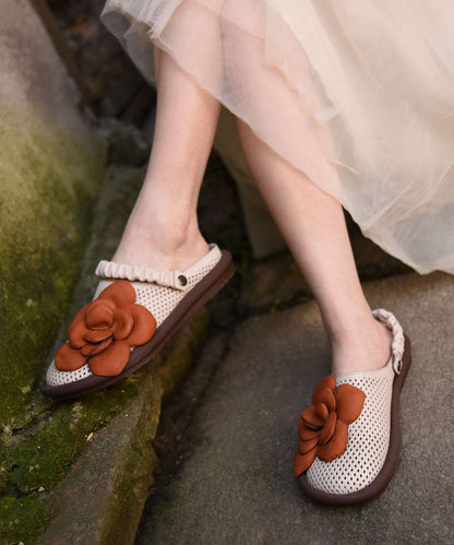 Hollow Green Leather Cowhide Flat Comfy Out Sandals Floral