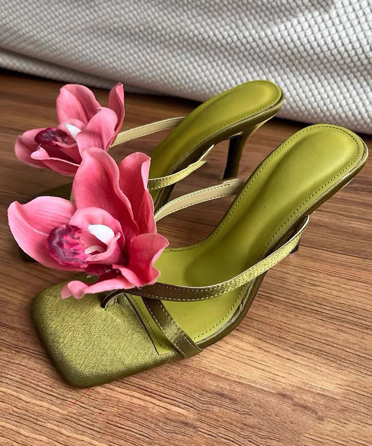 Sandals Handmade Slide Splicing Heels High Floral Green