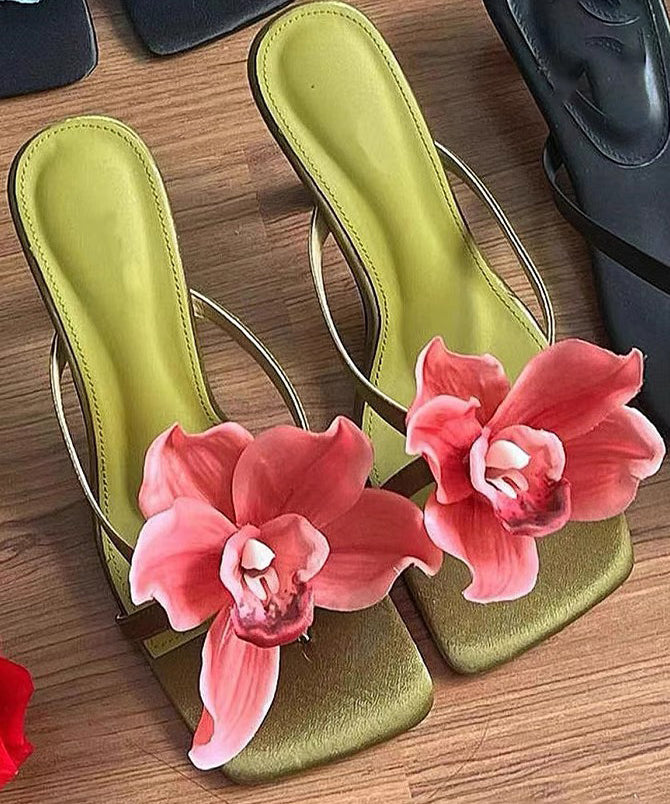 Sandals Handmade Slide Splicing Heels High Floral Green