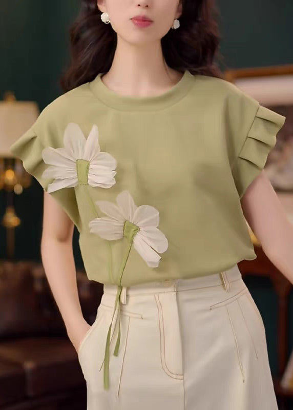 Patchwork Solid Floral Summer Cotton Shirt Green Neck T O