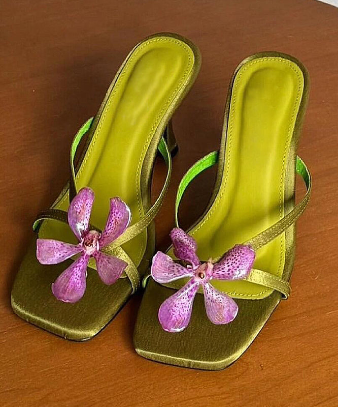 Floral Sandals Toe Peep High Slide Green Splicing Heels