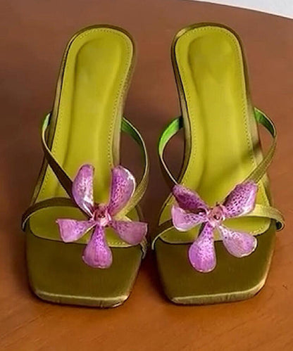 Toe Slide Floral Heels High Peep Green Sandals Splicing