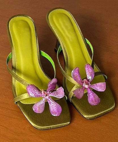 Toe Slide Floral Heels High Peep Green Sandals Splicing
