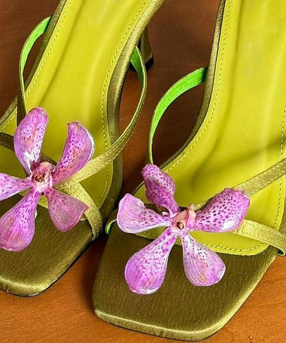 Toe Slide Floral Heels High Peep Green Sandals Splicing