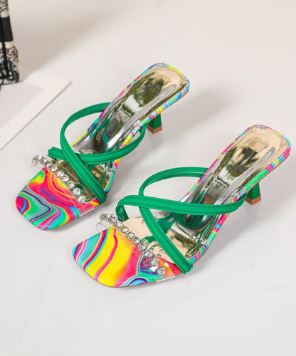 Splicing Slide Beautiful Zircon High Leather Green Heel Faux