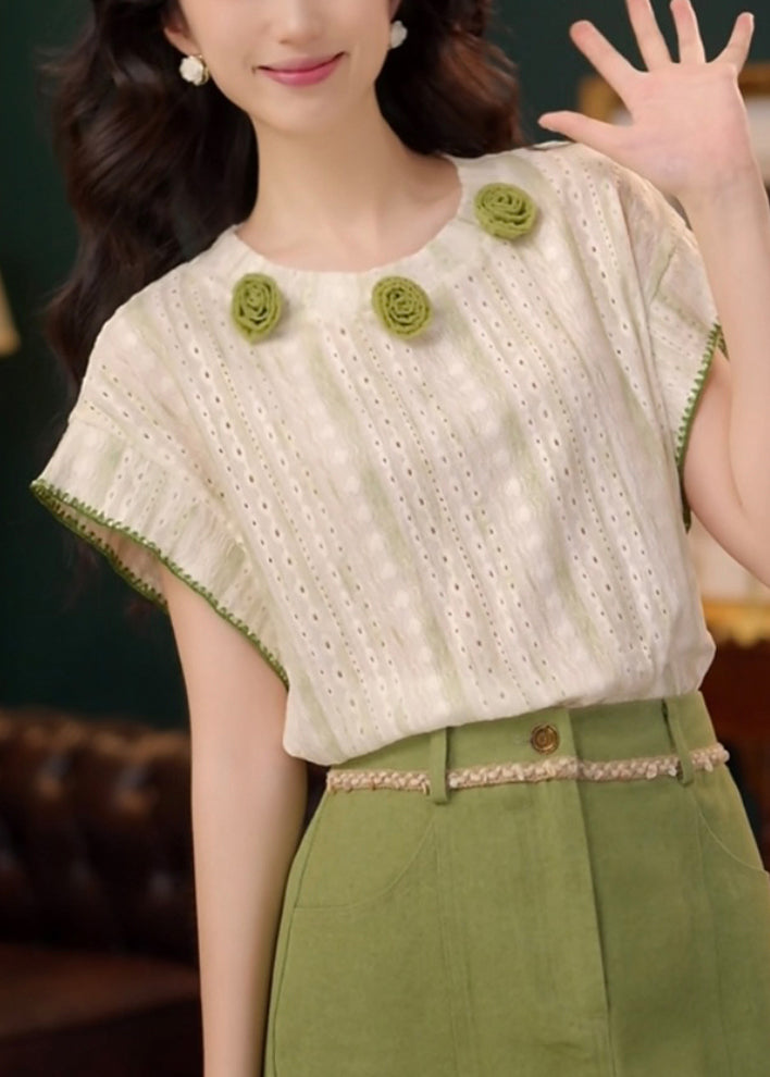 T Summer Neck O Shirts Green Out Hollow Cotton Striped