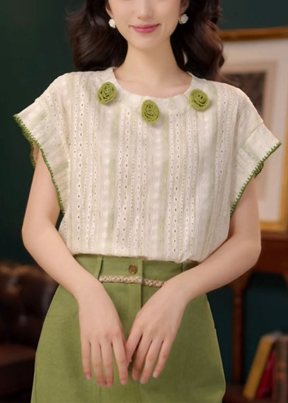 T Summer Neck O Shirts Green Out Hollow Cotton Striped